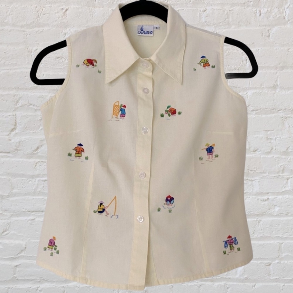 Bravo Pastel Yellow Embroidered 100% Cotton Sleeveless Button Up Collared Top